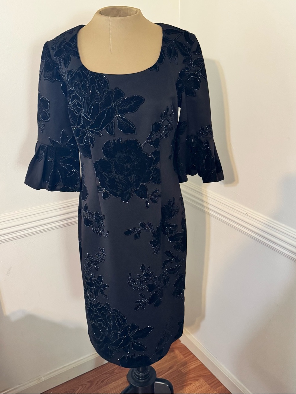 Black Dress with Velvet Floral with Ruffle Sleeves